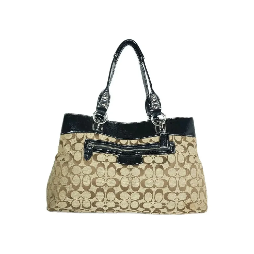 Coach Penelope Signature Large Brown Canvas Leather Satchel Handbag Bag